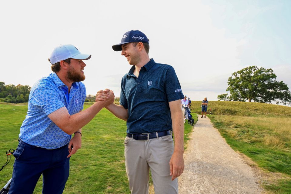 Matthew McClean and Hugh Foley celebrate winning their matches at the 2022 US Mid-Amateur at Erin Hills in Wisconsin. Picture: Steven Gibbons/USGA