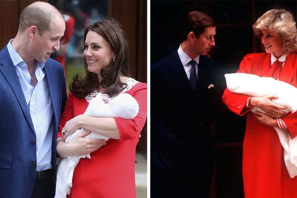 Prince William and Kate Middleton holding their third child outside the Lindo Wing of St Mary's Hospital on April 23, left, and Prince Charles with Princess Diana holding Prince Harry in 1984, right