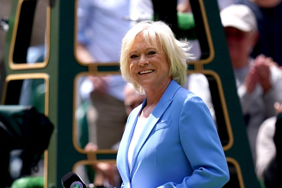 Sue Barker on centre court during day seven of the 2022 Wimbledon Championships at the All England Lawn Tennis and Croquet Club, Wimbledon (John Walton/PA)