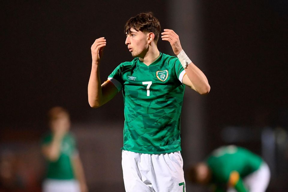 Ireland's Roco Vata reacts to a missed opportunity on goal during the European Under-19 Championship Elite Round defeat to Greece at Ferrycarrig Park in Wexford. Photo by Stephen McCarthy/Sportsfile