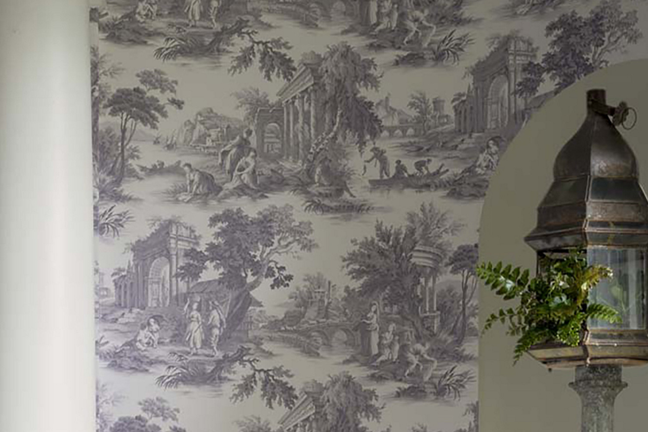 Heavy French Pastoral grey toile fabric (55 wide)