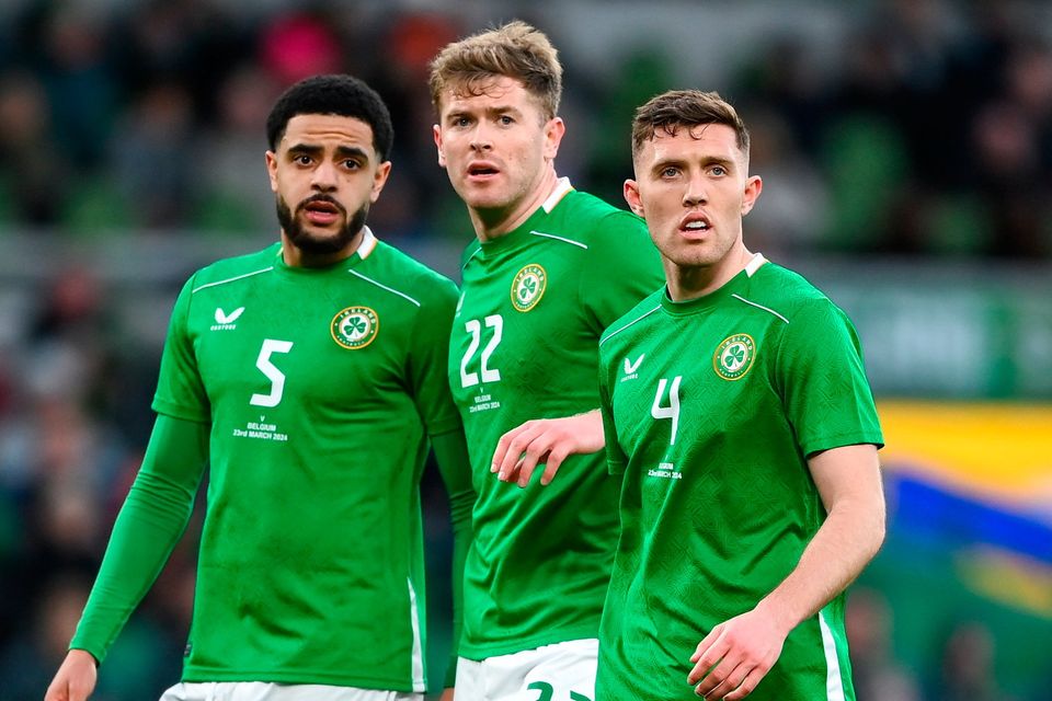 Ireland players (l-r) Andrew Omobamidele, Nathan Collins and Dara O’Shea during the friendly against Belgium. Photo: Seb Daly/Sportsfile