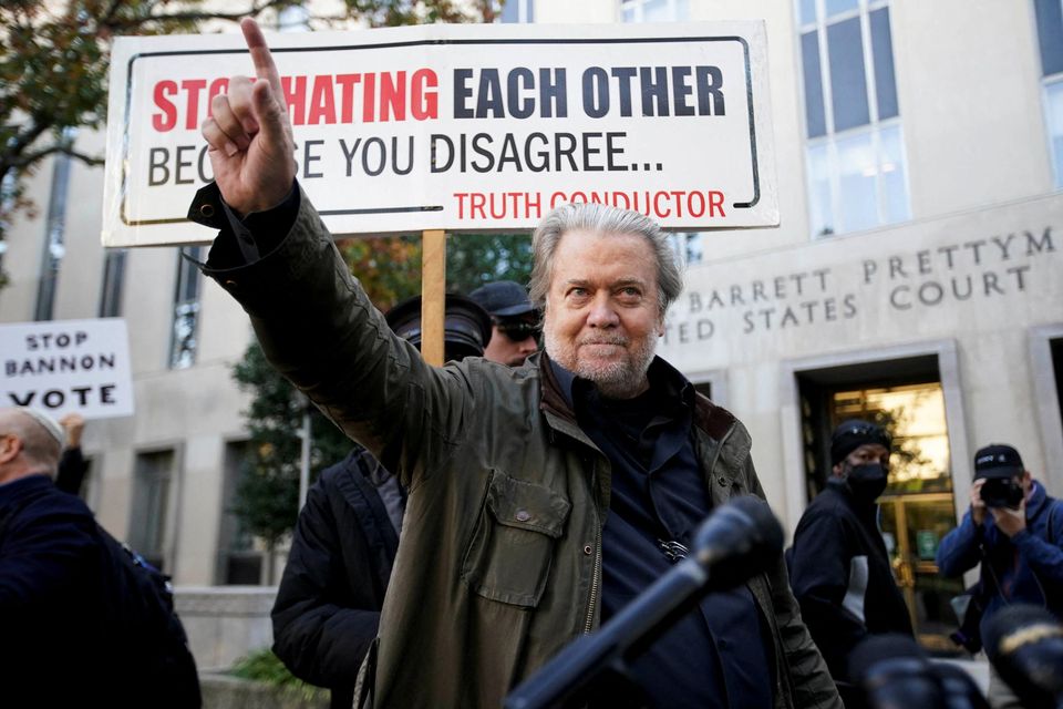Steve Bannon, former White House chief strategist under former President Donald Trump, gestures outside U.S. District Court on the day of his sentencing on contempt of Congress charges after refusing a subpoena from the January 6th committee, in Washington, U.S.