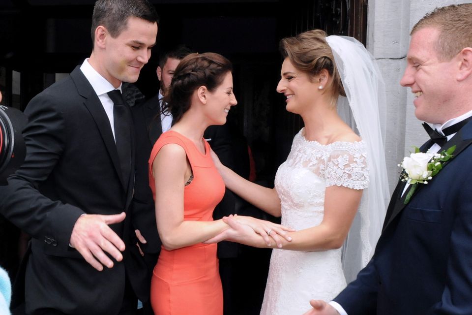 12/6/2015  Johhny Sexton and Wife Laura greet Claire Mulcahy and Sean Cronin after the ceremony. St. Josephs Catholic Church, Castleconnell, Co. Limerick. 
Pic: Gareth Williams / Press 22