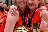 thumbnail: 20 January 2015; Colaiste Chiarain Leixlip captain Sorcha Tiernan, right, celebrates with the team-mate Niamh Materson, MVP award winner, after the game. All-Ireland Schools Cup U16A Girls Final, Colaiste Chiarain Leixlip v Gael Cholaiste Mhuire A.G, National Basketball Arena, Tallaght, Dublin. Picture credit: David Maher / SPORTSFILE