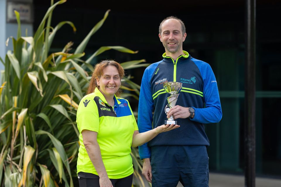 Claire Doherty Chairperson and Oran Kane, Mens Indoor Triathlon Winner 2024, pictured at the Killarney Triathlon Club fundraiser in aid of Kerry Stars Special Olympics Club in the Killarney Sports and Leisure Centre on Saturday. Photo by Tatyana McGough.