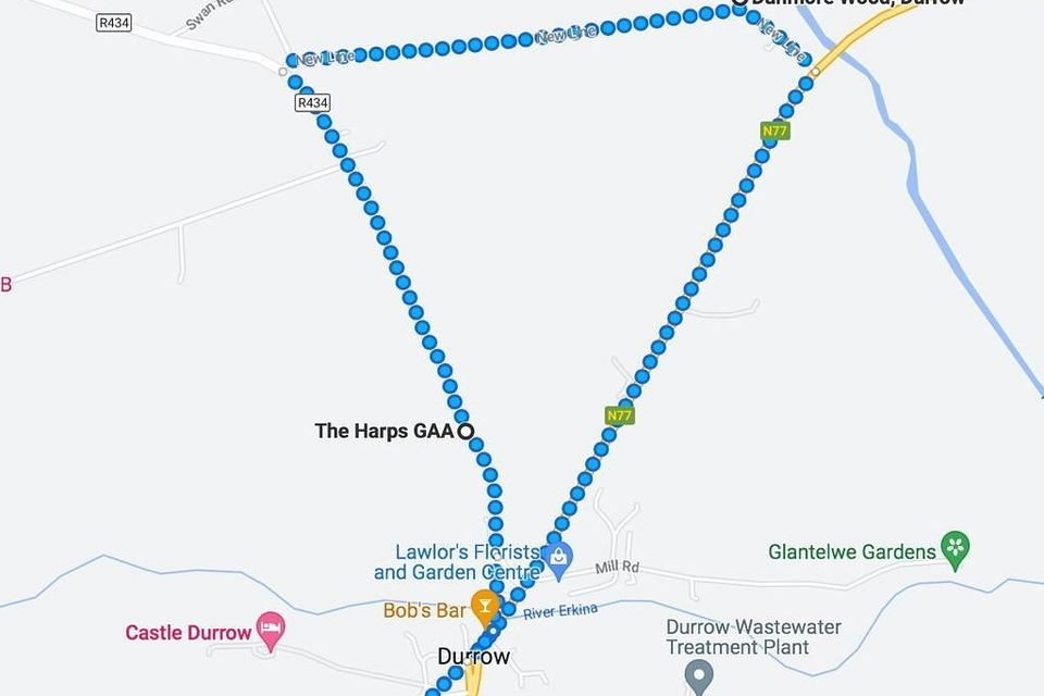 The route map for the annual Darkness Into Light walk in Durrow on May 11 next 