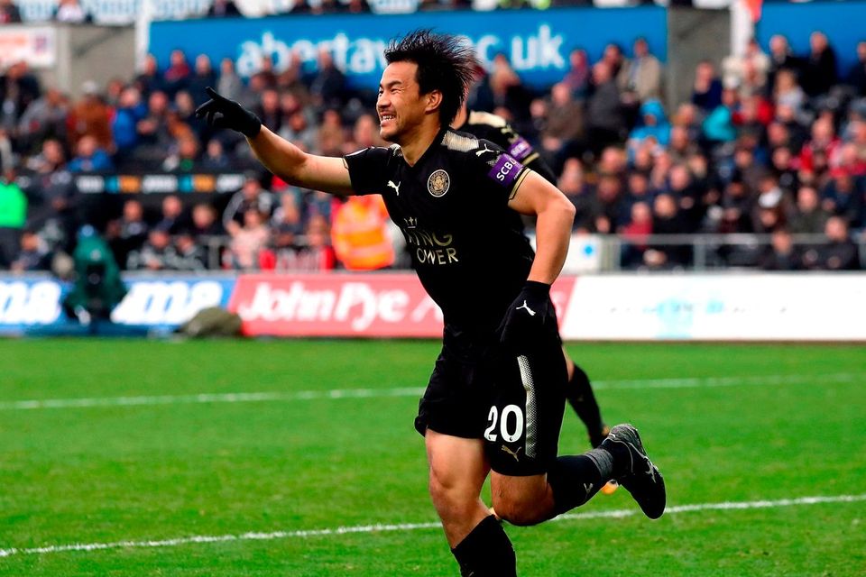 Leicester City's Shinji Okazaki celebrates scoring his side's second goal