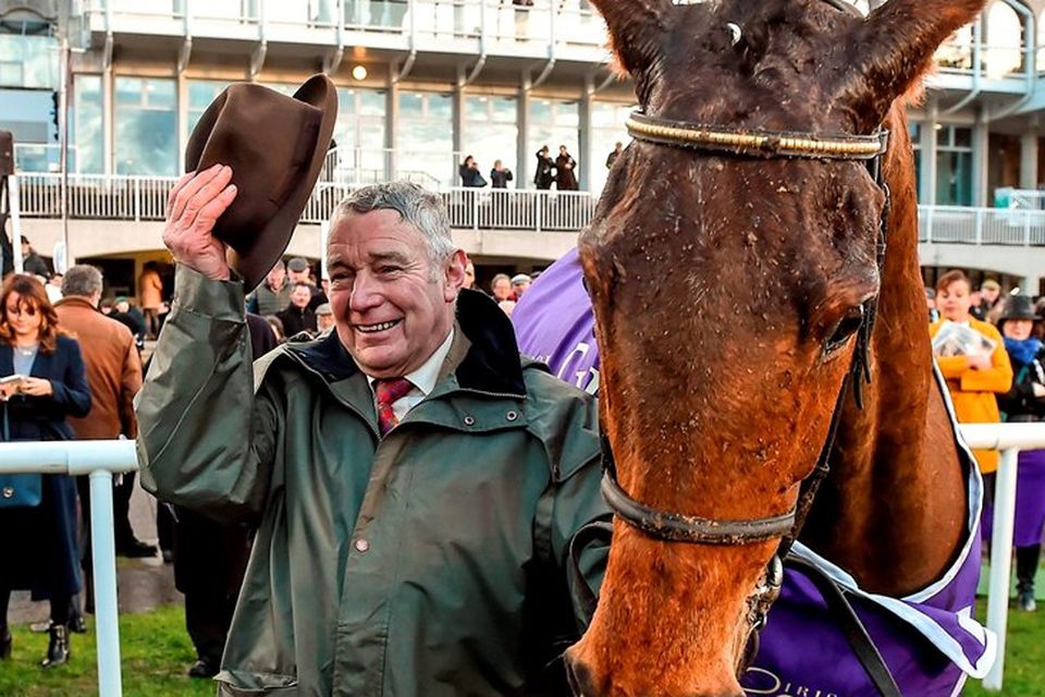 Trainer John Kiely with Carlingford Lough after winning the Irish Gold Cup at Leopardstown. Photo: Brendan Moran / Sportsfile