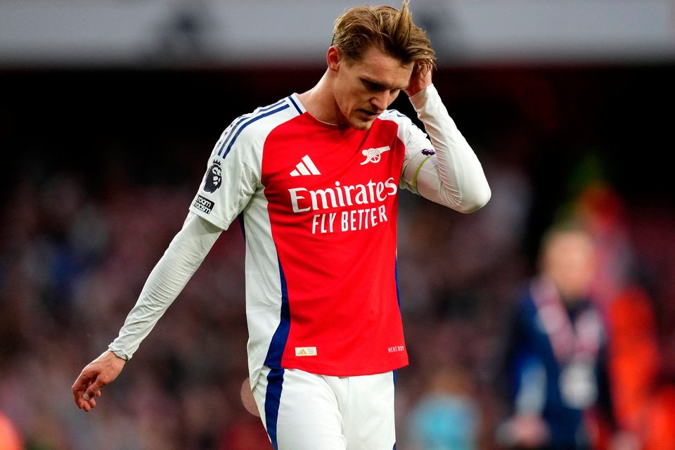 Arsenal's Martin Odegaard appears dejected after the draw with Brentford at the Emirates Stadium. Photo: PA Wire.