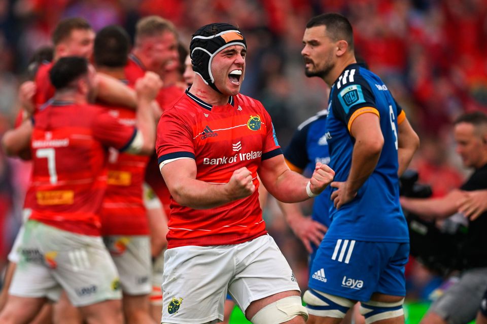 Munster's Alex Kendellen celebrates at the final whistle of the United Rugby Championship semi-final at the Aviva Stadium last Saturday. Photo: Brendan Moran/Sportsfile
