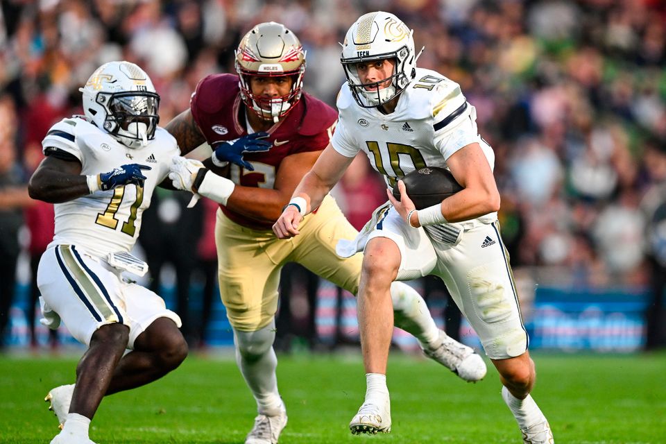 24 August 2024; Georgia Tech Yellow Jackets quarterback Haynes King during the 2024 Aer Lingus College Football Classic match between Florida State and Georgia Tech at Aviva Stadium in Dublin. Photo by Brendan Moran/Sportsfile 