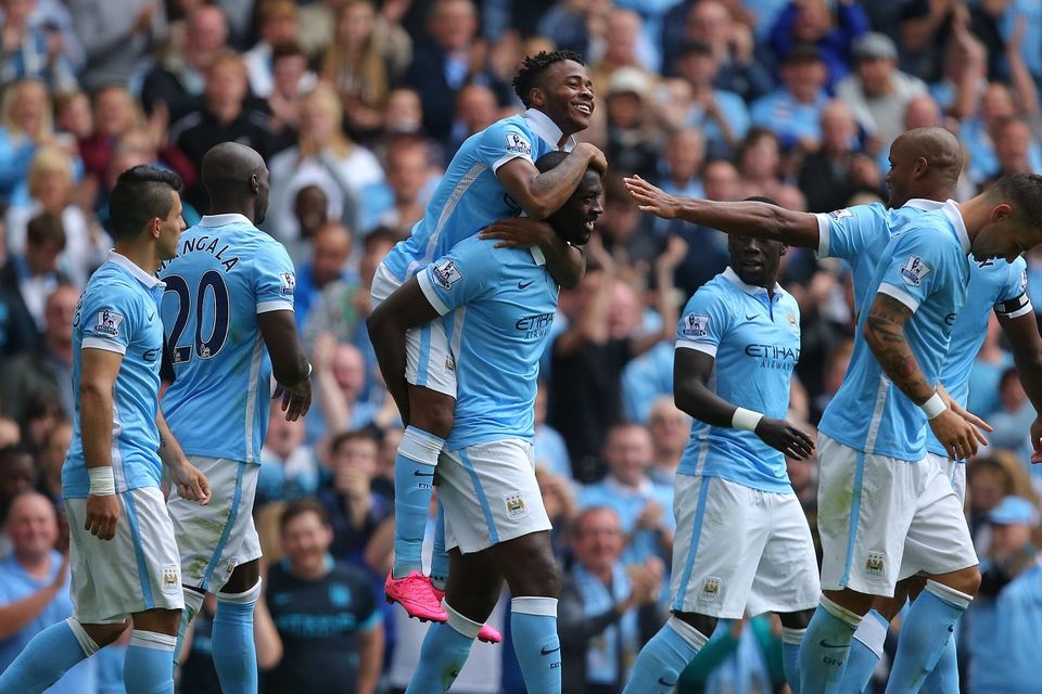 Raheem Sterling celebrates his goal with his Manchester City team