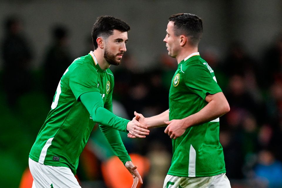 Ireland's Finn Azaz comes on as a substitute for team-mate Josh Cullen during the international friendly against Switzerland. Photo: Stephen McCarthy/Sportsfile