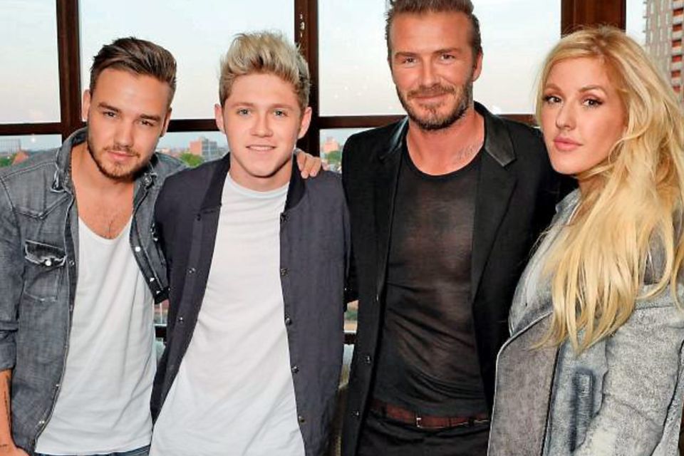 Liam Payne, Niall Horan, David Beckham and Ellie Goulding attending the David Beckham for H&M Swimwear private launch at Shoreditch House in London