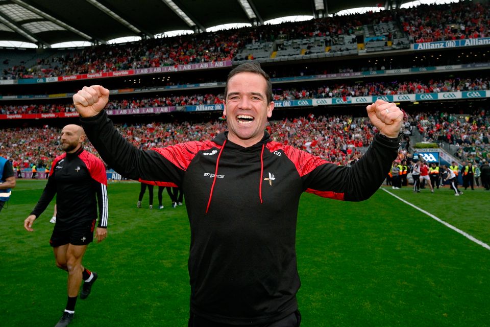 Louth manager Ger Brennan celebrates. Photo: Ramsey Cardy/Sportsfile