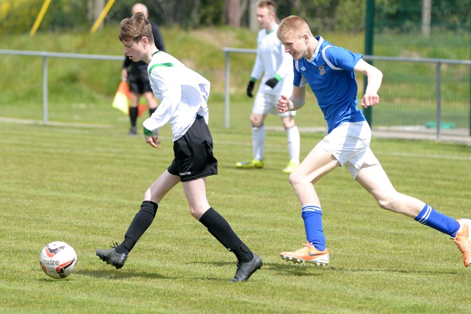 19/05/15.Adam Riordan and Eoin Massey during the Under 15s soccer final between Colaiste Phadraig CBS and Templeouge College at Peamount Utd.
Pic: Justin Farrelly.