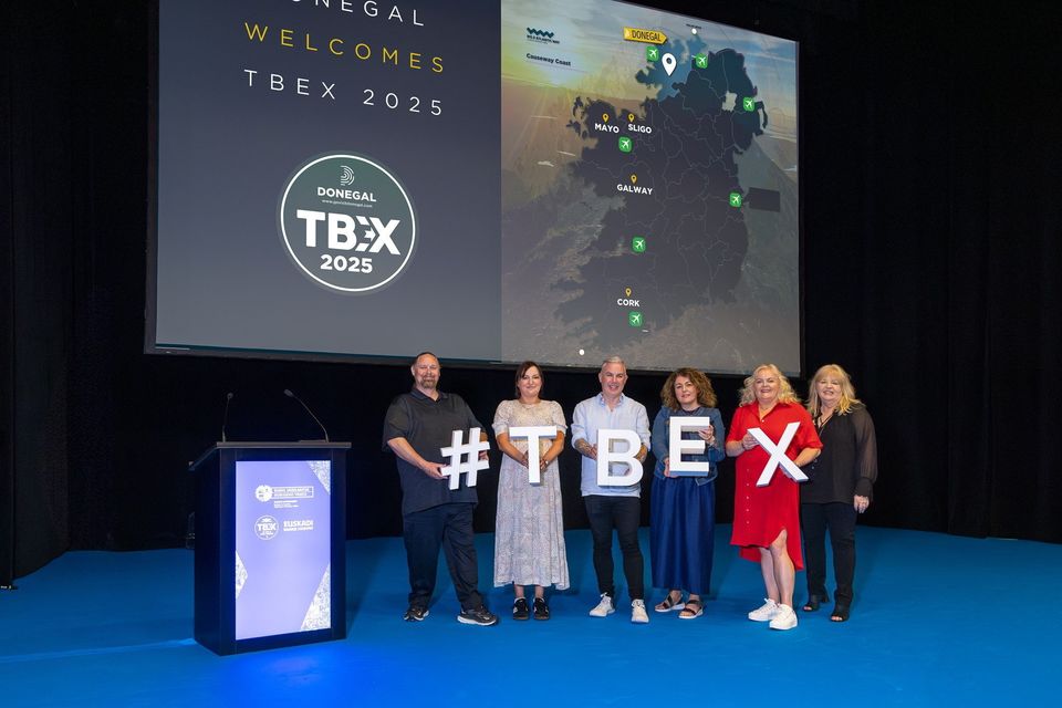 Rick Calvert, CEO TBEX, Sarah Nolan, Acting Head of Tourism, Shane Smyth, Tourism Officer, Anne Marie Conlon, Head of Economic Development, Mary Daly, Tourism Development Officer and Patti Hosking, VP of Business Development  TBEX at the announcement of TBEX coming to Donegal in September 2025.