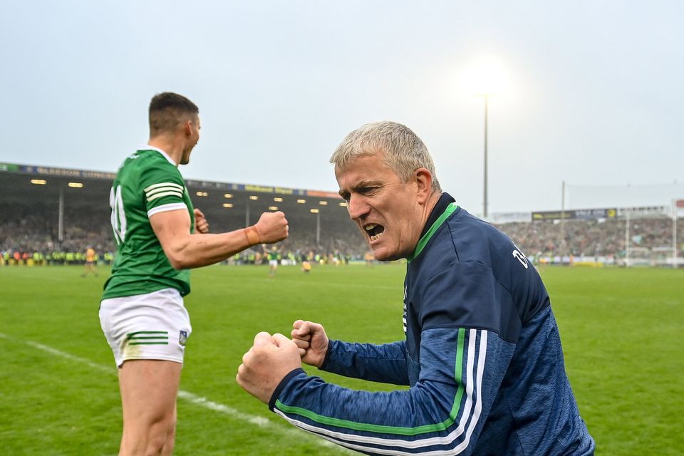 Limerick manager John Kiely, right and Gearoid Hegarty celebrate after the Munster final. Photo by Brendan Moran/Sportsfile