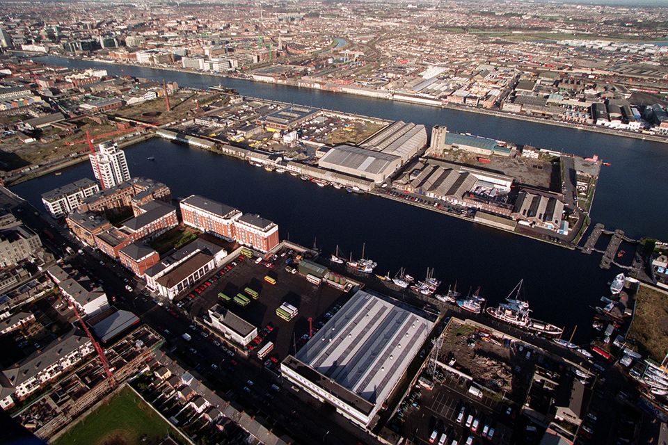 An aerial view of the Grand Canal Basin and the river Liffey