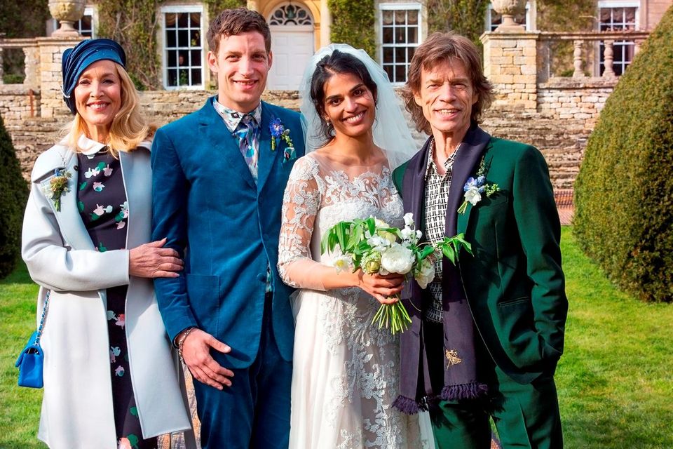 Handout photo issued by LD PR of James Jagger and his wife Anoushka Sharma (centre) with Jerry Hall (left) and Mick Jagger (right) at their wedding celebration at Cornwell Manor, Chipping Norton, Oxfordshire