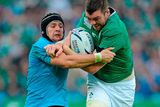 thumbnail: 4 October 2015; Peter O'Mahony, Ireland, is tackled by Michele Campagnaro, Italy. 2015 Rugby World Cup, Pool D, Ireland v Italy. Olympic Stadium, Stratford, London, England. Picture credit: Brendan Moran / SPORTSFILE