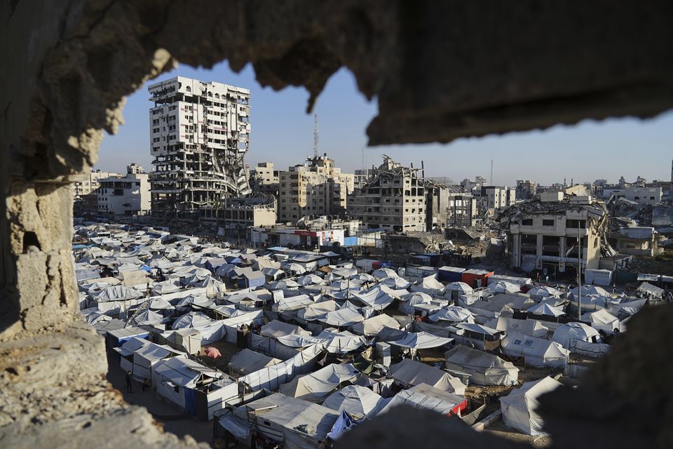 A makeshift tent camp for displaced Palestinians in Gaza City (Jehad Alshrafi/AP)
