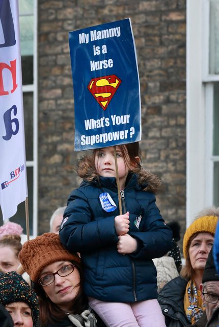 Five year old Kate Fitzpatrick pictured as she supports her Mum Anna [ who is a community Nurse in Meath] during the rally at Merrion Square, in support of Nurses and Midwives pay. Picture Credit:Frank McGrath
9/2/19