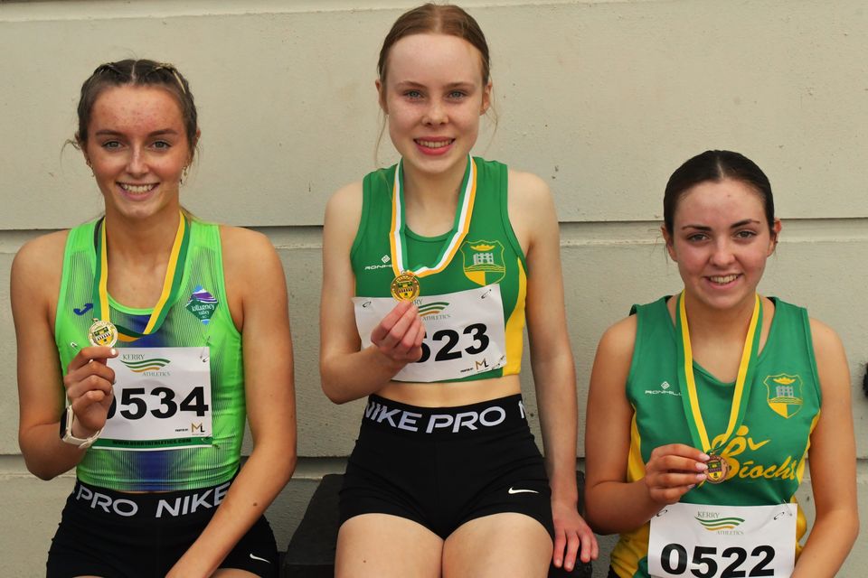 Meabh O'Connor (An Riocht), Molly O'Riordan (Killarney Valley) and Hazel Murphy (An Riocht) with the medals they won at the County Track and Field Championships held at Riocht track in Castleisland last weekend