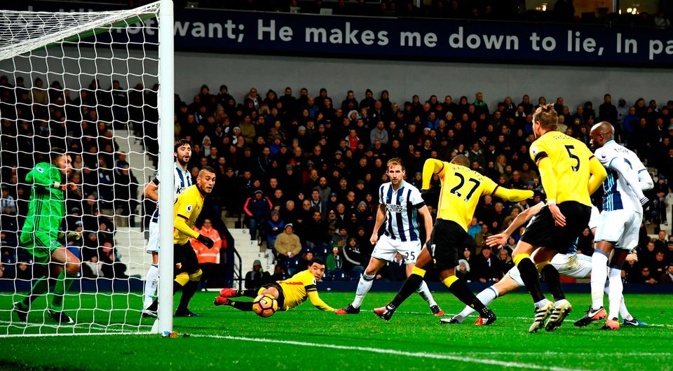 Christian Kabasele of Watford scores his team's first goal. Photo: Getty