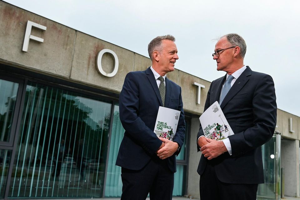 FAI chief executive Jonathan Hill, left, and FAI chairperson Roy Barrett before the FAI Facilities Strategy launch at the FAI headquarters in Abbotstown, Dublin. Photo: Seb Daly/Sportsfile