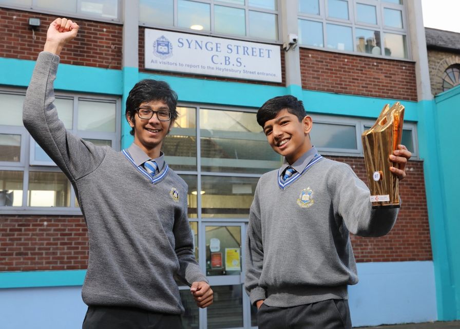 Synge Street pupils Aditya Joshi and Aditya Kumar, winners of the BT Young Scientist & Technology Exhibition in 2022. Pic: Chris Bellew