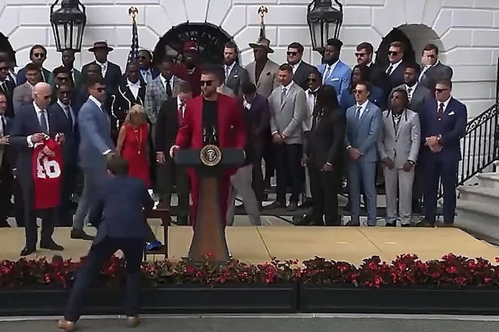 Patrick Mahomes intercepts Travis Kelce as Chiefs TE attempts to take over  Joe Biden's White House podium