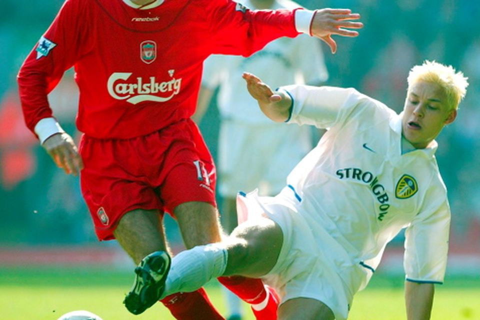 File photo dated 23-03-2003 of Liverpool's Steven Gerrard (left) battles with Leeds United's Alan Smith during the Barclaycard Premiership match between Liverpool and Leeds at Anfield, Liverpool. 
Martin Rickett/PA Wire.