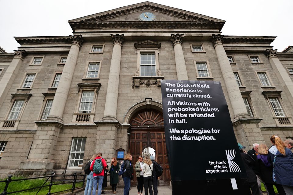The entrance to Trinity College and the Book of Kells closed due to the students' Gaza protest. Photo: Gerry Mooney