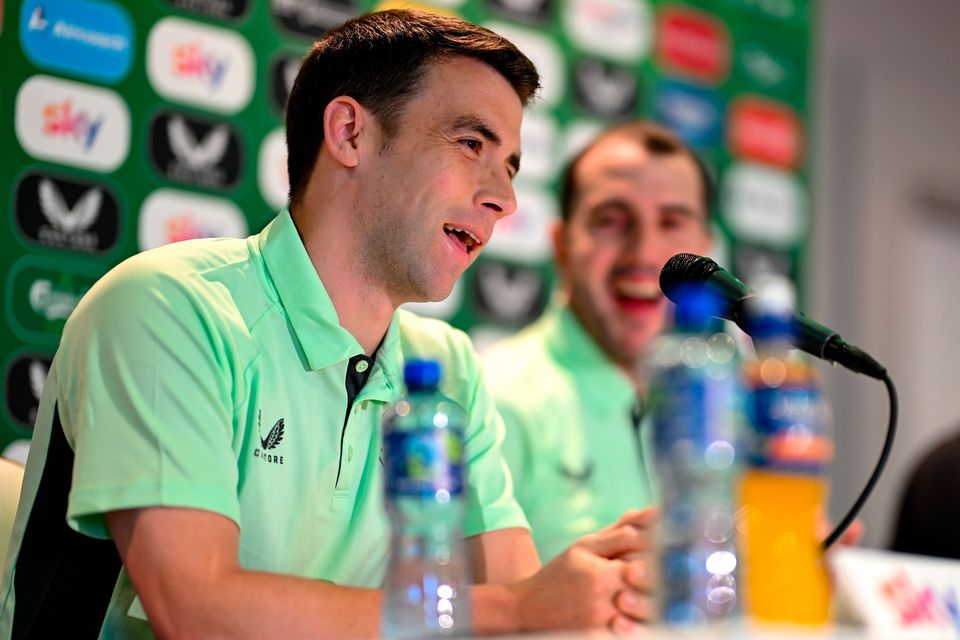 Séamus Coleman and interim head coach John O'Shea during an Ireland media conference at Castleknock Hotel in Dublin. Photo by Stephen McCarthy/Sportsfile