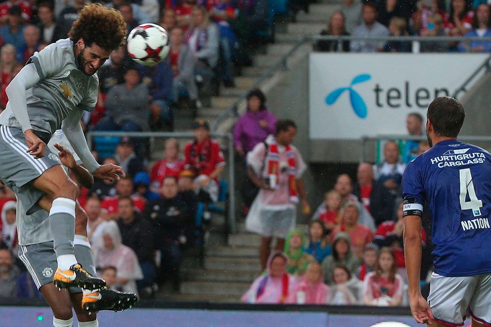 Marouane Fellaini scores Manchester United’s first goal against Valerenga. Photo by Matthew Peters/Man Utd via Getty Images
