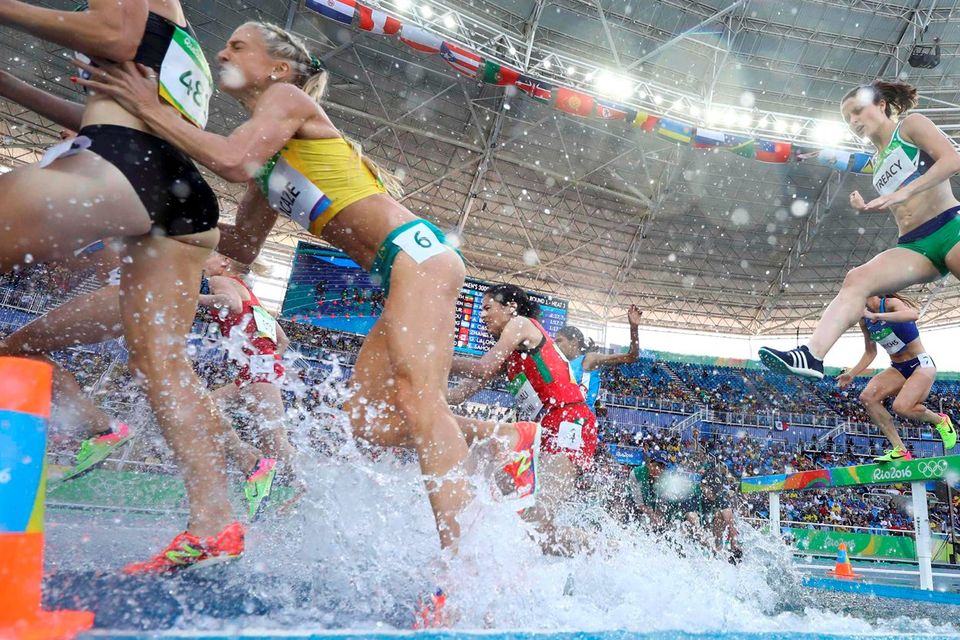 Sara Treacy clears the water jump during her Women's 3000m Steeplechase heat at the Olympic Stadium in Rio. Photo: Reuters