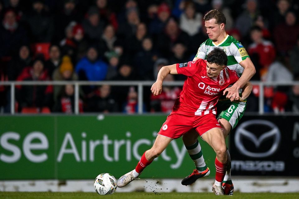 Simon Power of Sligo Rovers is tackled by Daniel Cleary of Shamrock Rovers during the SSE Airtricity Men's Premier Division match between Sligo Rovers and Shamrock Rovers at The Showgrounds in Sligo. Pic: Stephen McCarthy/Sportsfile
