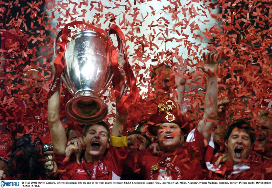 25 May 2005; Steven Gerrard, Liverpool captain, lifts the cup as his team-mates celebrate. UEFA Champions League Final, Liverpool v AC Milan, Ataturk Olympic Stadium, Istanbul, Turkey. Picture credit; David Maher / SPORTSFILE