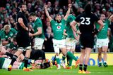 thumbnail: Ireland's Jamison Gibson-Park (centre) celebrates after Ronan Kelleher (not pictured) scores his side's second try during the autumn International match at Aviva Stadium in Dublin last year