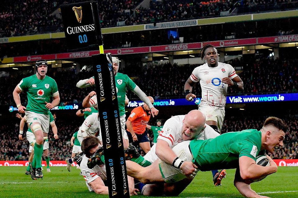 Dan Sheehan scores Ireland’s third try during the Six Nations match against England at the Aviva Stadium. Photo: Seb Daly/Sportsfile
