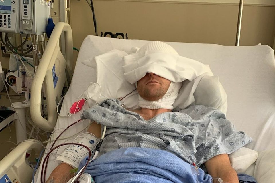 Stephen O'Mara in hospital in 2019 after overcoming a serious triathlon cycling injury following which he suffered a brain bleed. Photo: Stephen O'Mara/NBC Bay Area