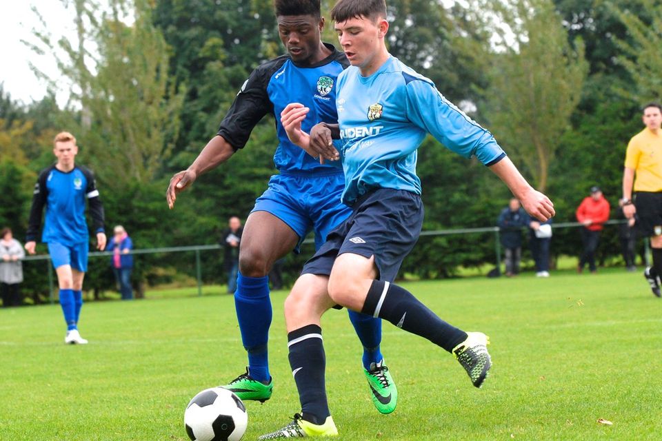Thierry Baba for Connaught and Andrew Brennan for Leinster during the Under 18 Interprovincial tournament final at the AUL Complex Clonshaugh