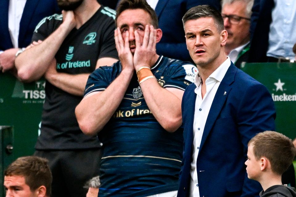 Jack Conan and Jonathan Sexton of Leinster react after the Champions Cup final defeat. Photo: Sportsfile