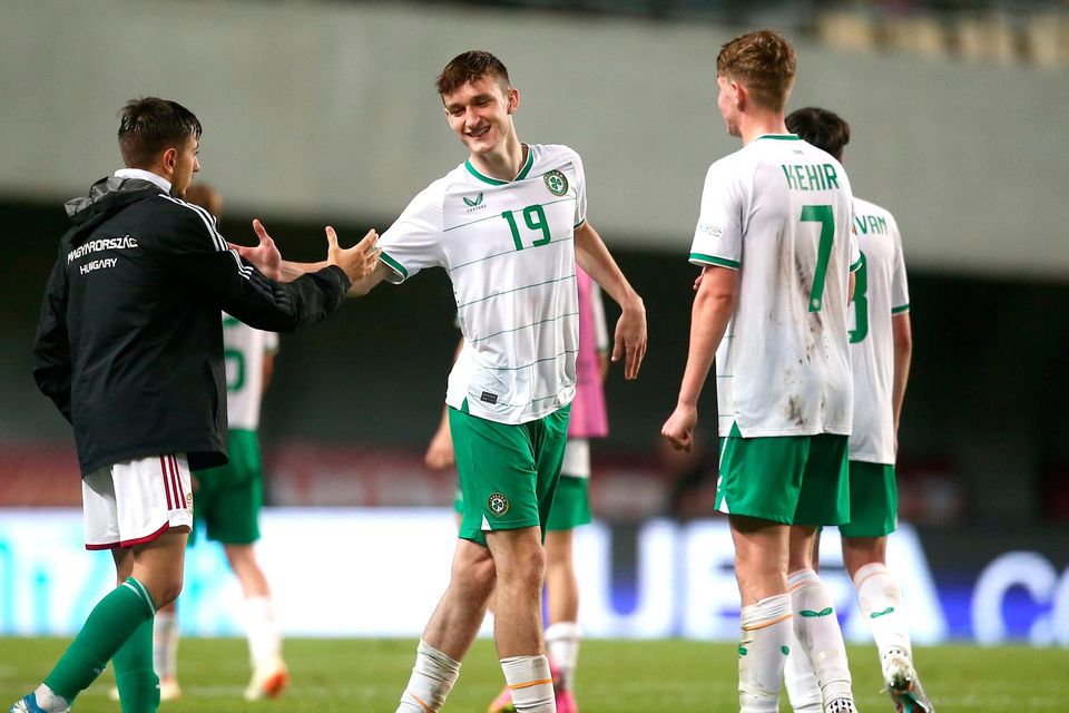 Mason Melia, centre, celebrates with team-mates after defeating Hungary during the week. Photo: David Balogh/Sportsfile