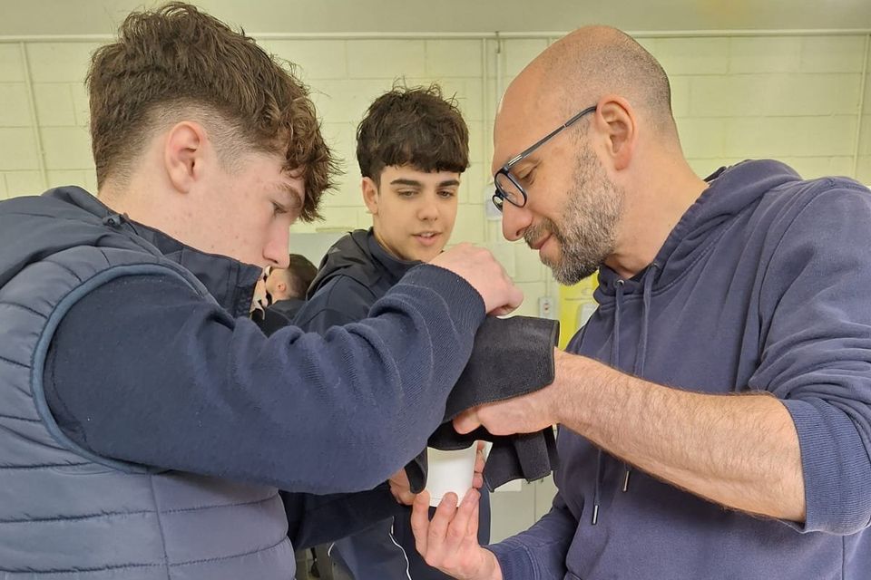 Coláiste Bhríde Carnew TY students John Fanning and Andoni Mendez Gonzalez enjoying an introductory barista course with Dublin Barista School.