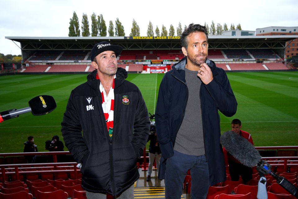 Wrexham co-chairmen Rob McElhenney and Ryan Reynolds at the Racecourse Ground. (Peter Byrne/PA)