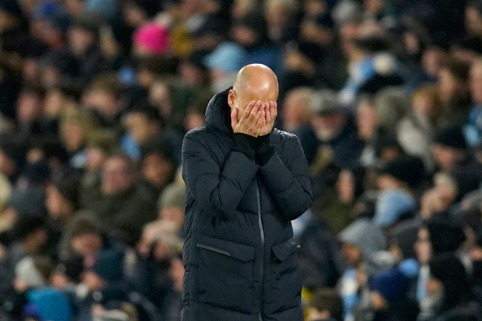 Manchester City's Pep Guardiola reacts after Erling Haaland missed a chance against Tottenham Hotspur at Etihad Stadium.