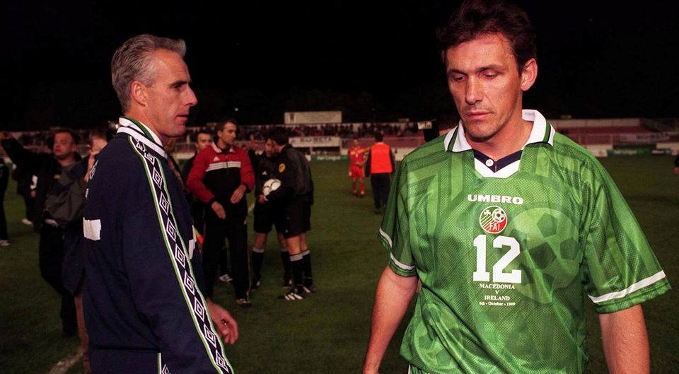 Mick McCarthy with Tony Cascarino at the end of the game after Macedonia score in injury-time in Skopje, October 1999 to deny them automatic qualification for Euro 2000